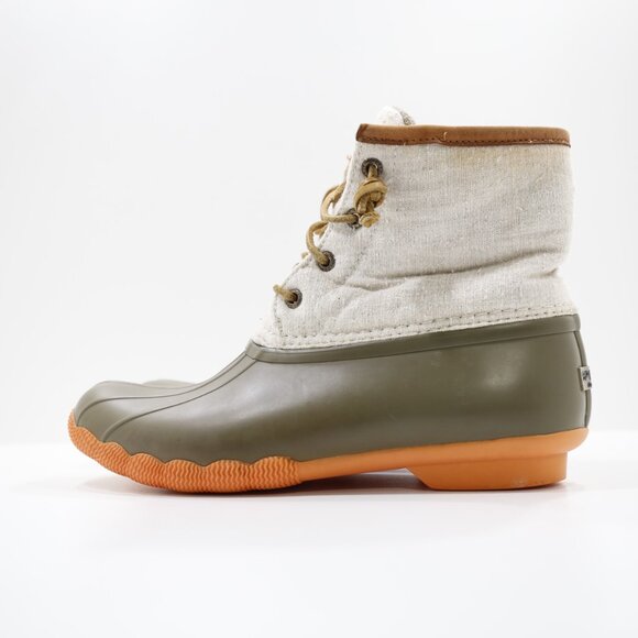 Sperry Saltwater Tan Canvas Brown Rubber Waterproof Rain Duck Boots - 8.5 - Picture 1 of 7
